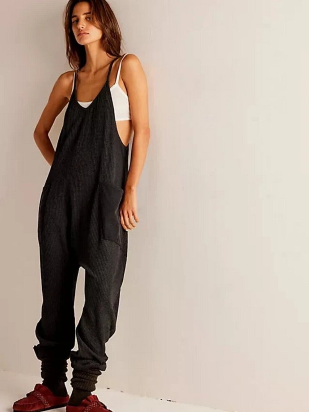 Free People FP One Frankie Jumpsuit Black Harem Leg Waffle Pocket S